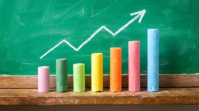 Colorful chalk bar graph on a green chalkboard with an upward trend arrow, symbolizing growth and success in a vibrant educational setting.
