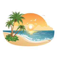 Obraz premium Tropical beach scene with palm trees ocean and sunset illustration isolated
