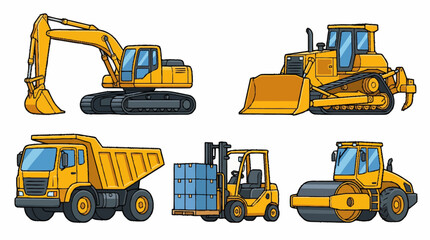 Collection of yellow construction vehicles and heavy machinery. © ata