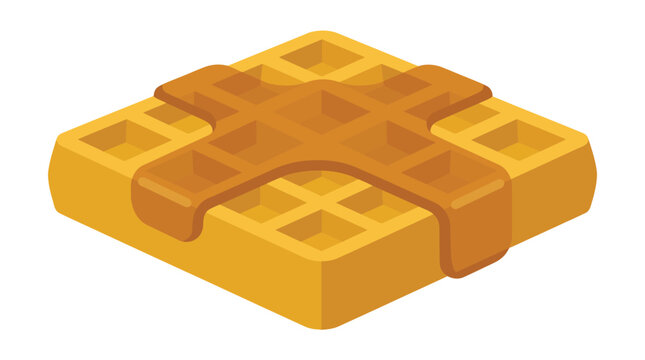3d illustration of a golden waffle icon with a square shape detailed grid pattern textured surface and a caramel colored syrup drizzle on a white background emphasizing sweet breakfast food