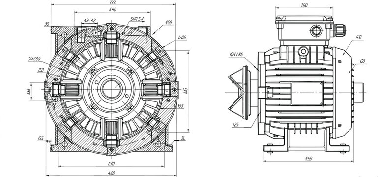 Industrial electric motor technical drawing vector illustration featuring engineering blueprint dimensions mechanical structure and manufacturing design details
