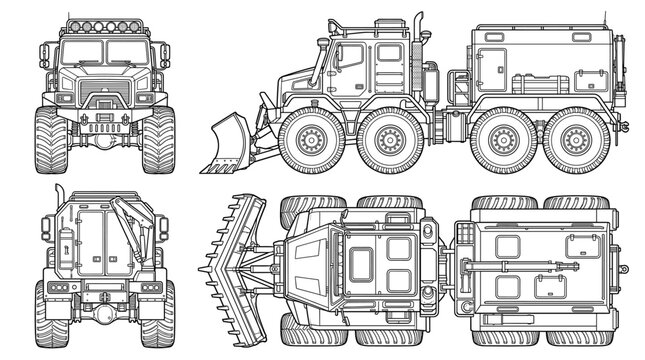 Ice breaker truck technical drawing blueprint with front side back and top views CAD line art vector illustration