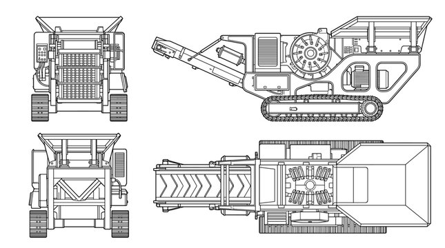 Impact crusher machine technical drawing blueprint with front side back and top views CAD line art vector illustration