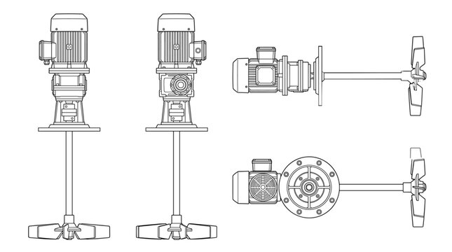 Industrial agitator mixing system technical drawing blueprint with front side back and top views CAD line art vector illustration
