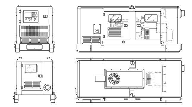 Industrial generator power system technical drawing blueprint with front side back and top views CAD line art vector illustration
