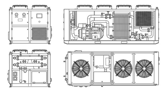 Industrial chiller cooling system technical drawing blueprint with front side back and top views CAD line art vector illustration