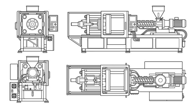 Injection molding machine technical drawing blueprint with front side back and top views CAD line art vector illustration