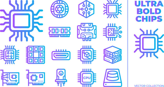 Ultra bold chips icons set computer processor microchip hardware technology collection design vector illustration.