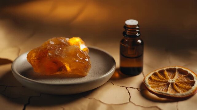 Aromatherapy essence: amber resin, essential oil, and dried orange slice