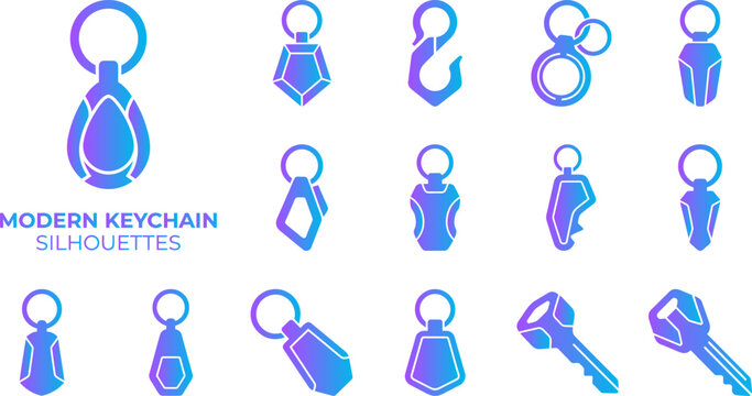 Modern keychain silhouettes set accessory attachment loop hardware design elements outline gradient.