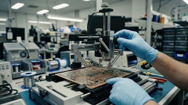 Medium shot capturing a handoperated flying probe device inspecting a bare PCB focusing on precise net verification during quality control.