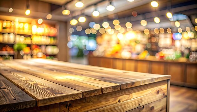 Rustic wooden table in a warmly lit bar or restaurant, blurred background with bokeh lights, ideal for showcasing food or drinks