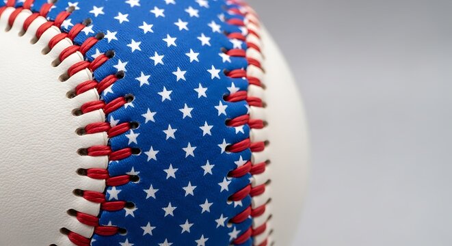 Macro shot of a baseball with American flag star pattern and red stitches