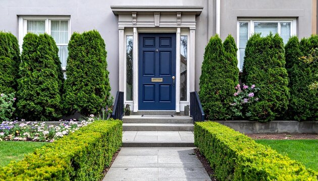 Elegant Gray House with Blue Door and Symmetrical Garden Design