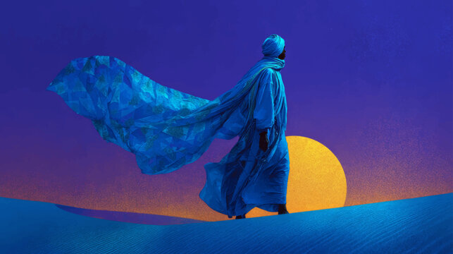 Tuareg nomad walking through orange dunes beneath a red sun in bold minimalist vector desert style.
