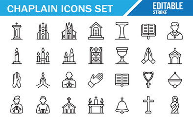 Naklejka premium Editable Stroke Faith Icons Set with Bible, Cross, Candle and Worship Signs