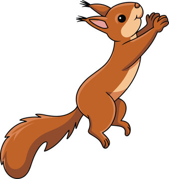 Adorable brown squirrel illustration reaching upward with open paws in a playful jumping pose isolated on white background.