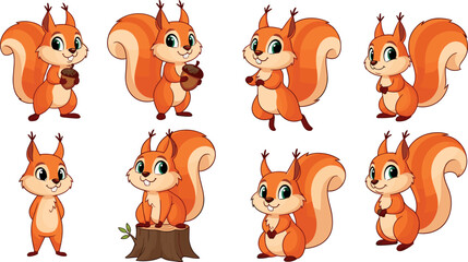 Cute cartoon orange squirrel collection featuring various poses with acorn and tree stump isolated on white background vector illustration © Rejaul