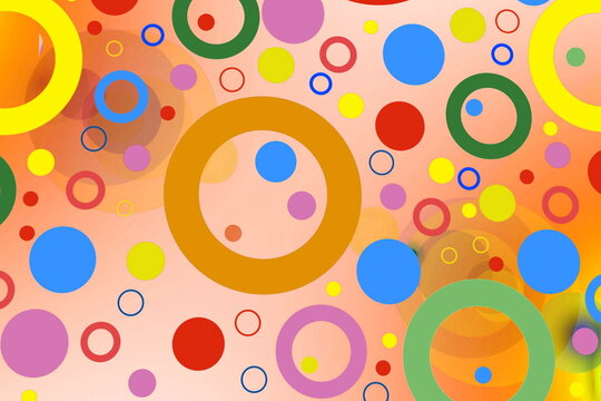 Blue, yellow, green, red, purple, and orange  circles and ring shapes of various sizes scattered across a soft peach and orange background.