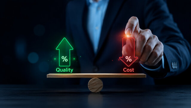 A business professional managing corporate efficiency by increasing quality and decreasing expenses on a balance scale.