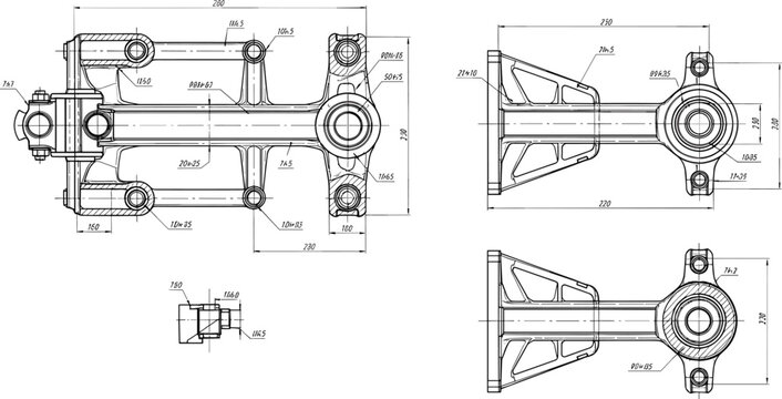 Mechanical engineering blueprint vector illustration featuring industrial component dimensions technical drafting and precision manufacturing schematics