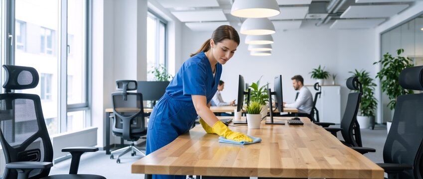 Female cleaner wiping wooden desk in modern office. Professional janitorial service worker sanitizing workspace. Office maintenance and hygiene concept