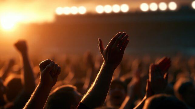 Supporters applauding in stadium during golden hour with warm red and yellow tones