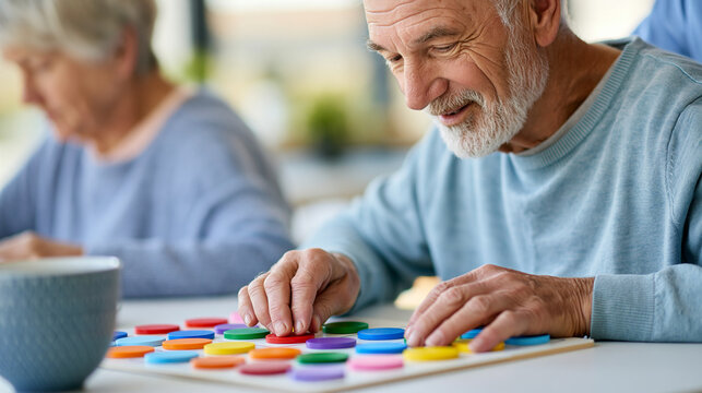 Close-up of a senior man playing memory skill games with a caregiver at a geriatric facility, cognitive care concept, senior memory game photography, dementia support lifestyle,