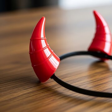 Glossy Red Devil Horn Headband Resting on Wooden Table