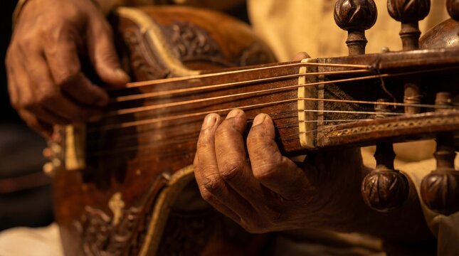 Masterful hands playing traditional Indian string instrument, embodying authentic skill and cultural heritage in warm light.