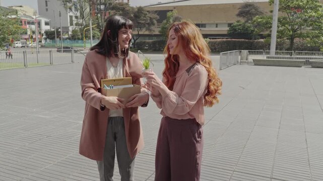 Colleague giving a plant to a fired female employee with a box of her belongings