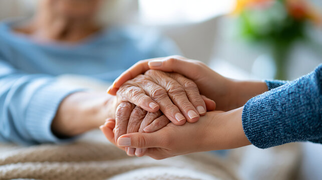 Close-up of a caregiver holding hands of a bed-ridden elderly patient in a nursing home, palliative care concept, nursing home photography, hand-holding elder care detail,