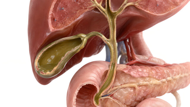 Cholangitis Biliary Tree Anatomy 3D Medical Illustration with Liver, Gallbladder, Pancreas and Duodenum for Patient Education