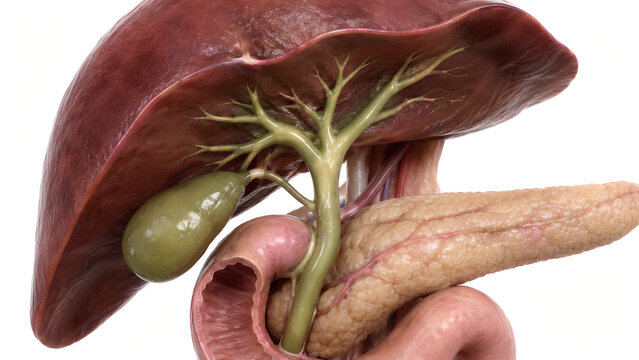 Cholangitis Biliary Tree Anatomy 3D Medical Illustration with Liver, Gallbladder, Pancreas and Duodenum for Patient Education