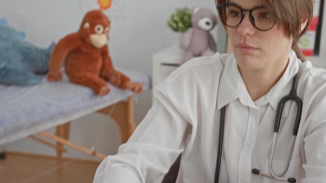 Young hispanic woman doctor typing on keyboard with hands visible and stethoscope on shirt in a pediatric clinic building; focused care.