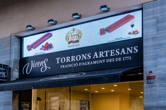 Barcelona, Spain- October 31, 2021. Logo and facade of Vicens nougat, made since medieval times in the town of Agramunt, L&eacute;rida, Spain.