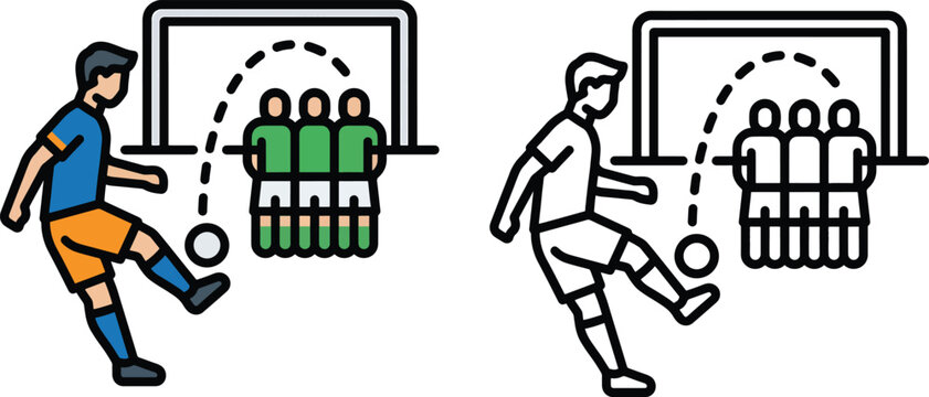 Soccer free kick over defensive wall diagram vector icons set showing trajectory toward goal on transparent background.