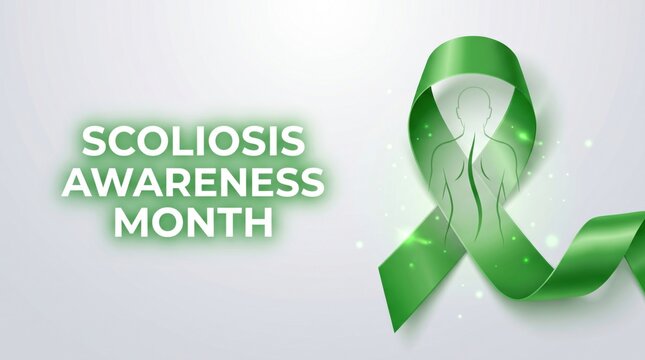 Scoliosis awareness month concept with green awareness ribbon and spine silhouette on light background. Healthcare campaign, spinal health education and medical support banner design