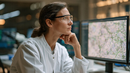 Fototapeta premium Immunologist in protective goggles examining fluorescence microscopy imagery showing senescent cell markers, senolytic therapy aging research, quiet laboratory night setting, multiple monitors glowi