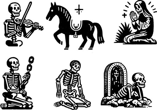Black and white skeleton set with praying figure, horse, musician, and gravestone in folk art