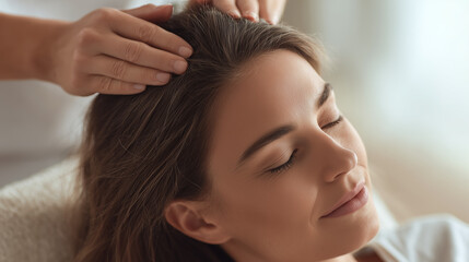 Naklejka premium Relaxing Scalp Massage Therapy With Woman Closing Eyes In Natural Wellness Spa Environment Featuring Soft Daylight And Calm Healing Self Care Atmosphere