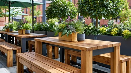 Obraz premium Charming outdoor café terrace featuring wooden benches and lush greenery