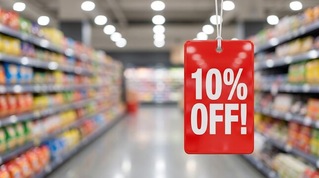 Promosi Diskon 10 persen menarik di lorong supermarket, ideal untuk iklan kampanye ritel dan penawaran spesial belanja online yang menguntungkan.