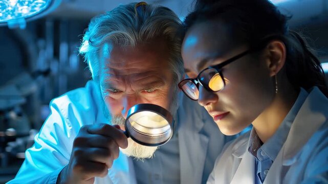 Scientists conduct research in a modern laboratory while examining samples under a magnifying device during a late afternoon session