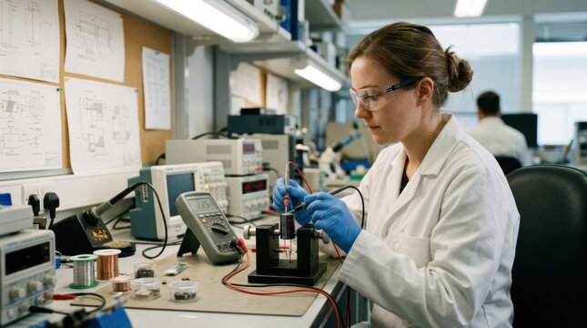 Medium shot of a researcher measuring electrical resistance in a low ESR capacitor utilizing solidstate conductive polymer electrolytes for enhanced energy efficiency.