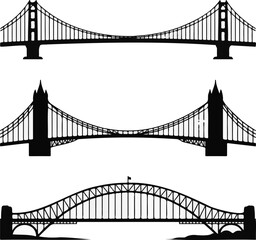 Obraz premium Collection of iconic bridge black silhouettes including suspension and arch designs isolated on transparent background vector