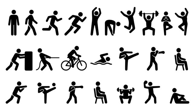 Figure poses set of stick people in active sports actions, running, jumping, throwing, fighting, workout silhouettes