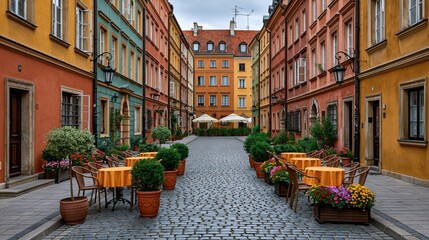 Obraz premium Charming European street with colorful old buildings and outdoor cafe seating