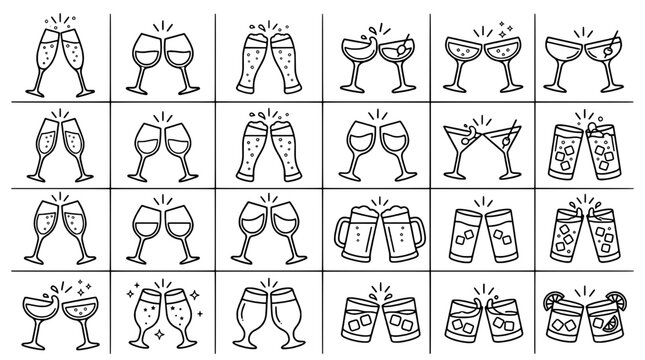 Glasses clinking set with various drink types and celebratory icons featuring drinks, celebration, toast with wine and champagne elements for beer,