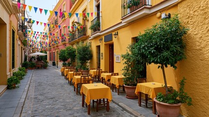 Obraz premium Colorful Spanish street cafe with outdoor seating and festive bunting